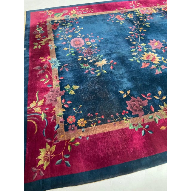 1920-1930's Antique Art Deco Asian Botanical Garden Magenta Berry Navy Purple Green Rug 9 2 X 11 8 For Sale - Image 4 of 13