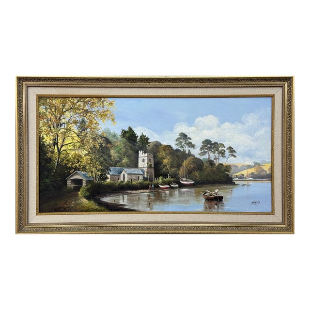 Painting of Church in Cornwall on the English South Coast with Figures & Boats 1985 Circa For Sale