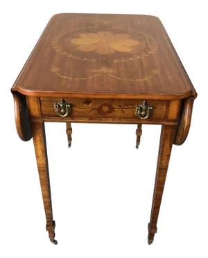 Floral Mixed Wood Inlay Drop-Leaf Pembroke Side Table
