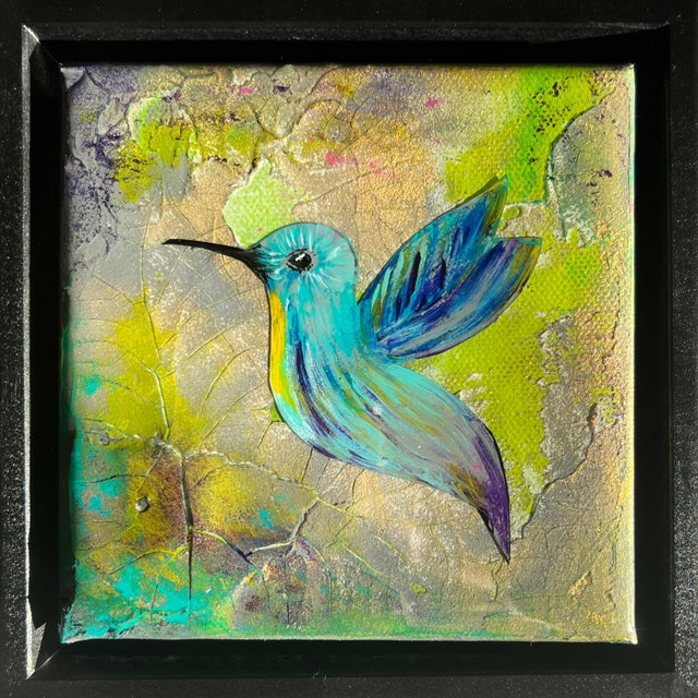 Hummingbird #2 by Ana Hefco | Tinted Layered Resin on Stretched Canvas of a hummingbird in flight For Sale