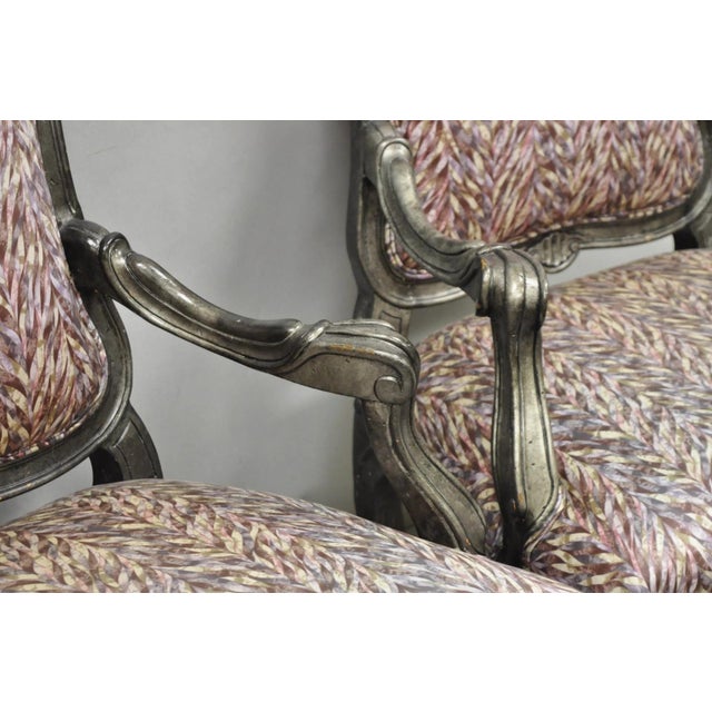 Vintage Italian Baroque Rococo Style Silver Leaf Gilt Lounge Arm Chairs - A Pair For Sale In Philadelphia - Image 6 of 18