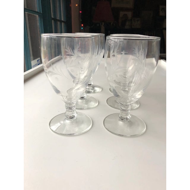 Vintage set of 6 clear etched with leaf and dots pattern , wine or water goblets 3"D X 5.75"H , No makers mark , in...