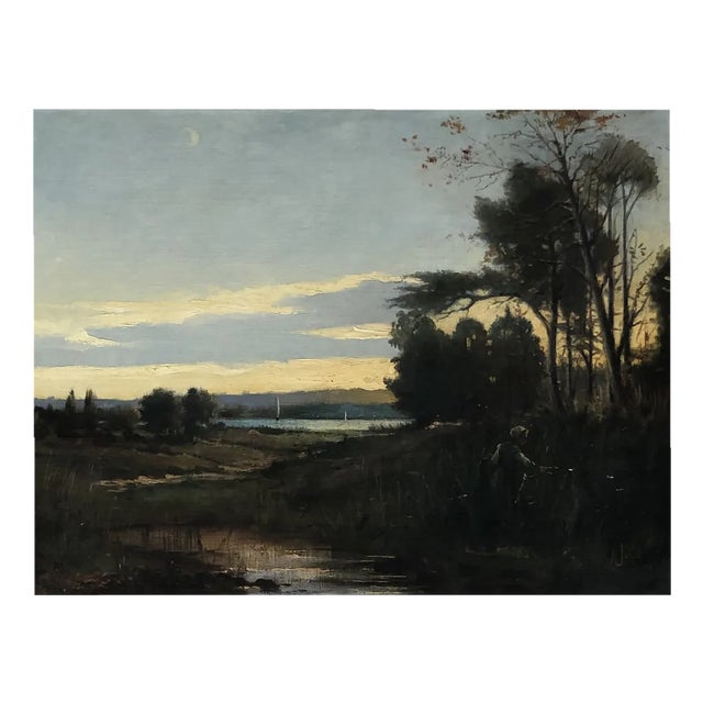 N. Junod, Voiliers sur le lac dans un paysage animé, 1898, Oil on Canvas For Sale