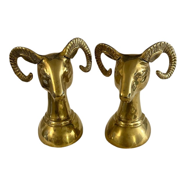 Vintage Brass Rams Head Bookends - A Pair For Sale