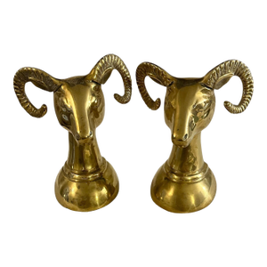 Vintage Brass Rams Head Bookends - A Pair