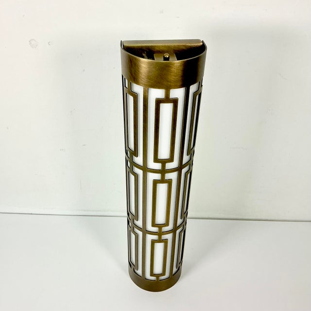 Bronze Vintage Hollywood Regency Roman Empire Style Cylinder Tole Bronze Wall Sconce, Milk Glass. For Sale - Image 8 of 13