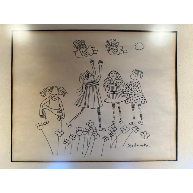 Mid-Century Modern Krystyna Sadowska, Mid Century Drawing of Girls With Flowers, Framed For Sale - Image 3 of 8