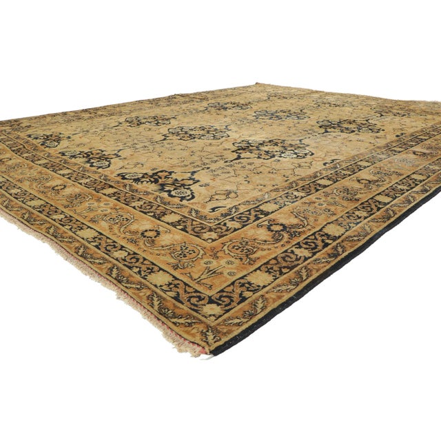 73949 Distressed Antique Persian Yazd Rug, 09'10 x 12'02. Yazd rugs, hailing from the historic city of Yazd nestled in...