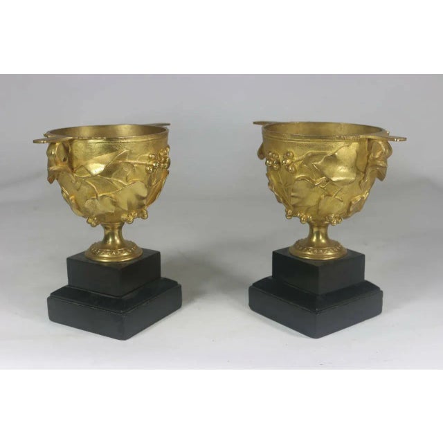 Circa 1830 Pompeii Inspired Decorated Urns of Gilt Bronze-Vine Leaves on Stone Bases- A Pair For Sale - Image 4 of 9