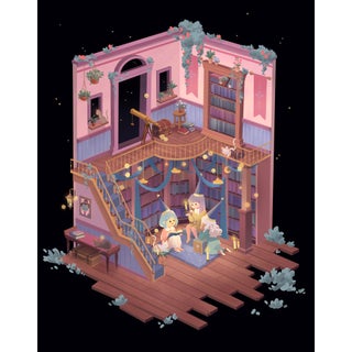 The Library by Sang Lam | Digital printed on metal Illustration of a whimsical library interior For Sale