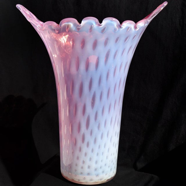 Beautiful vintage Murano hand blown opalescent pink and controlled bubbles Italian art glass flower vase. Documented to...