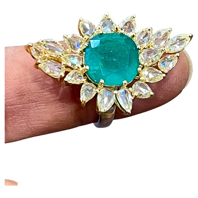 5.82 Ct Natural Colombian Cushion Cut Emerald & 3 Ct RoseCut Diamond Ring 18 Kt, Size 6 For Sale - Image 18 of 18