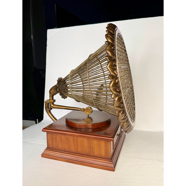 Figurative Vintage Maitland Smith Brass & Wood Gramophone Birdcage Decorative Box For Sale - Image 3 of 12