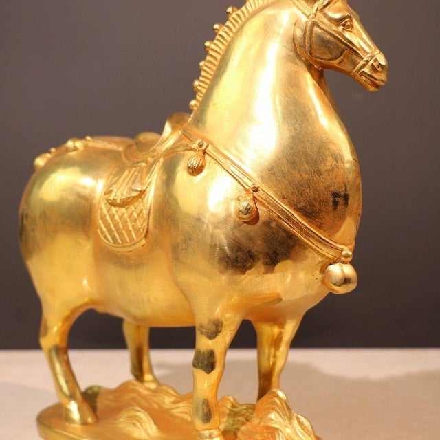 Chinese Vintage Gilt Bronze Horse Figure - Tang Style Saddle Sculpture For Sale - Image 3 of 9