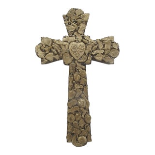 Mexican Folk Art Milagros Wood Cross Nailed Metal Brass Charm Wall Hanging For Sale