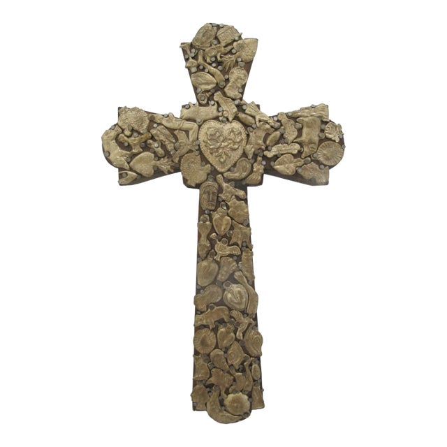 Mexican Folk Art Milagros Wood Cross Nailed Metal Brass Charm Wall Hanging For Sale