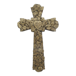 Mexican Folk Art Milagros Wood Cross Nailed Metal Brass Charm Wall Hanging