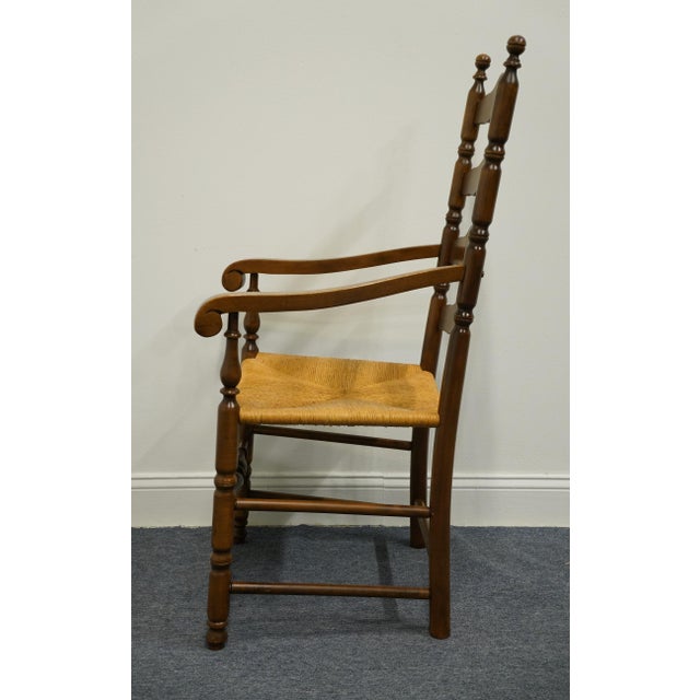 Late 20th Century Ethan Allen Heirloom Nutmeg Maple Colonial Early American Ladderback Rush Seat Dining Arm Chair For Sale - Image 5 of 9
