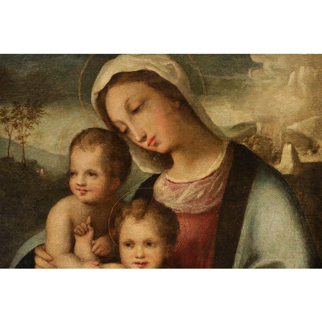 17th Century Follower of Domenico Beccafumi, Madonna and Child with the Infant Saint John the Baptist, 1600, Oil Painting on Canvas For Sale - Image 5 of 12