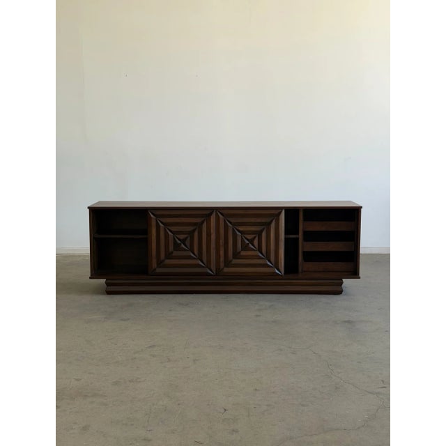 1960s Brutalist Walnut Credenza With Carved Diamond Design For Sale - Image 9 of 18