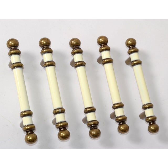 Mid-Century Modern Set of 5 Mid-Century Modern Brass Beige Enamel Drawer Cabinet Dresser Pulls Hardware For Sale - Image 3 of 12