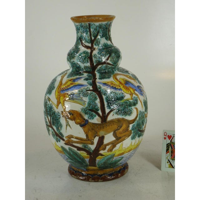 1900s Large Ceramic Vase Majolica Italian WITH 3 DOG & BIRDS Made Italy Neo-Classic For Sale - Image 10 of 12