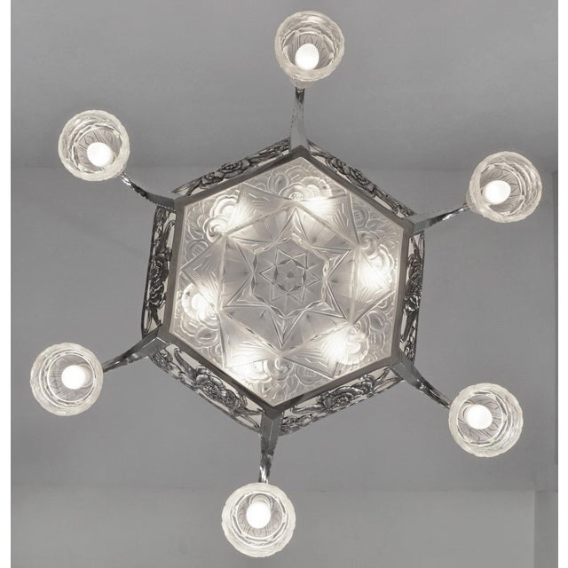 1920s Ollier & Hanots French Art Deco Chandelier 1920s - Frosted Glass & Nickeled Bronze For Sale - Image 5 of 14