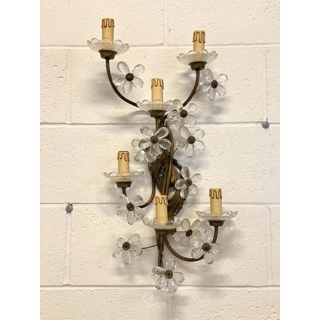 2 60s appliques, bronze and glass, one smaller 5 lights (45h.x29x14cm.) And a larger 6 lights (63x35x14cm.) European Plug...