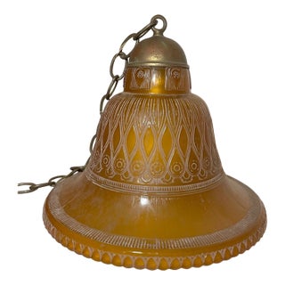 1940s Large Art Deco Cameo Amber Glass Brass Hanging Fixture Electric Chandelier For Sale