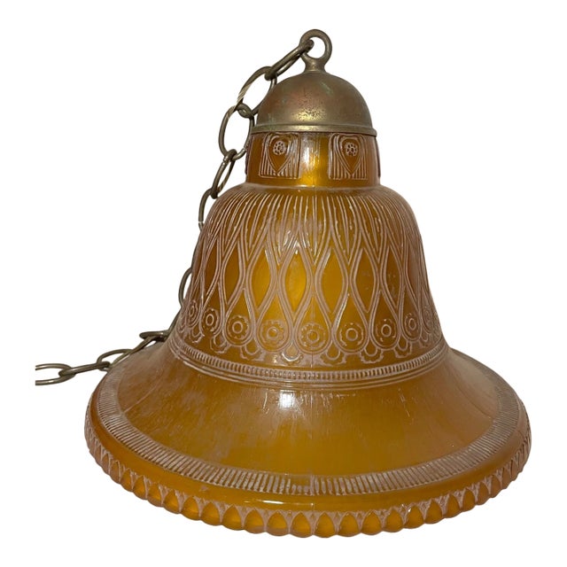 1940s Large Art Deco Cameo Amber Glass Brass Hanging Fixture Electric Chandelier For Sale