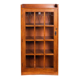 Mission Leaded Glass Bookcase With Lock & Key - Micheal Cherry For Sale