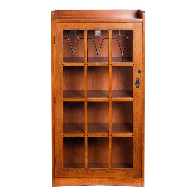 Mission Leaded Glass Bookcase With Lock & Key - Micheal Cherry For Sale