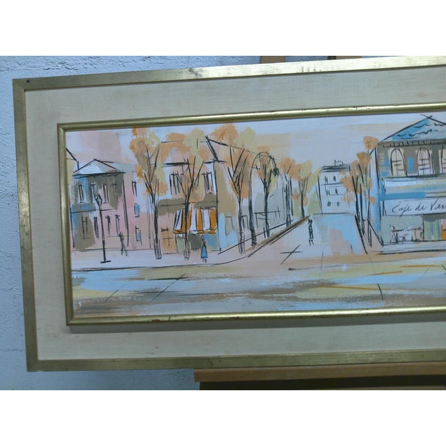 This elegant, mid‑century Parisian street scene featuring a French, corner cafe has a wonderful tone and feel painted in...
