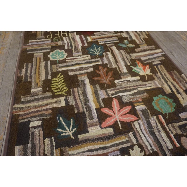 Textile Lofty Brown Color Background With Floral and Symmetrical Patters Design Vintage American Hooked Rug For Sale - Image 7 of 13