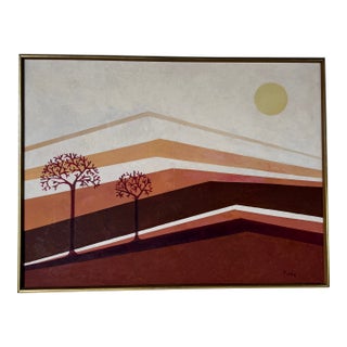 1980's Vintage Postmodern Geometric Landscape Oil Painting on Canvas, Framed For Sale