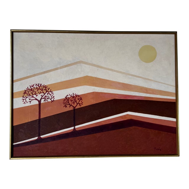 1980's Vintage Postmodern Geometric Landscape Oil Painting on Canvas, Framed For Sale