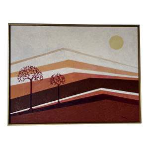 1980's Vintage Postmodern Geometric Landscape Oil Painting on Canvas, Framed