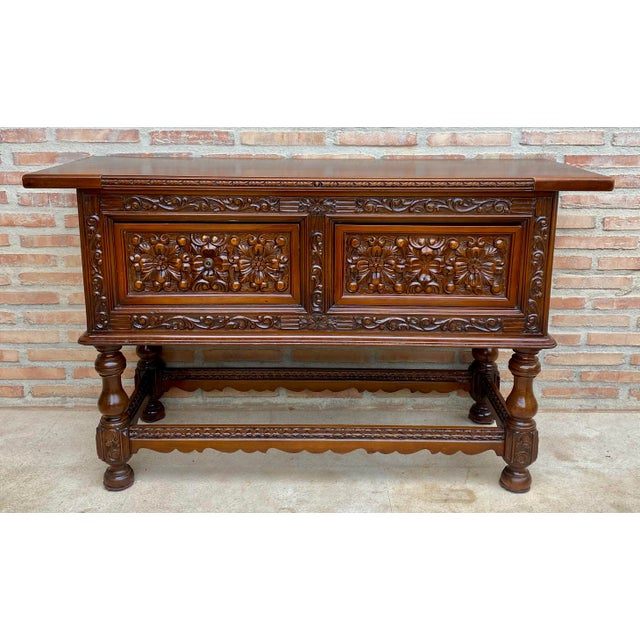 Spanish Carved Wood Sideboard With Floral Decoration, Mid-20th Century For Sale - Image 12 of 18
