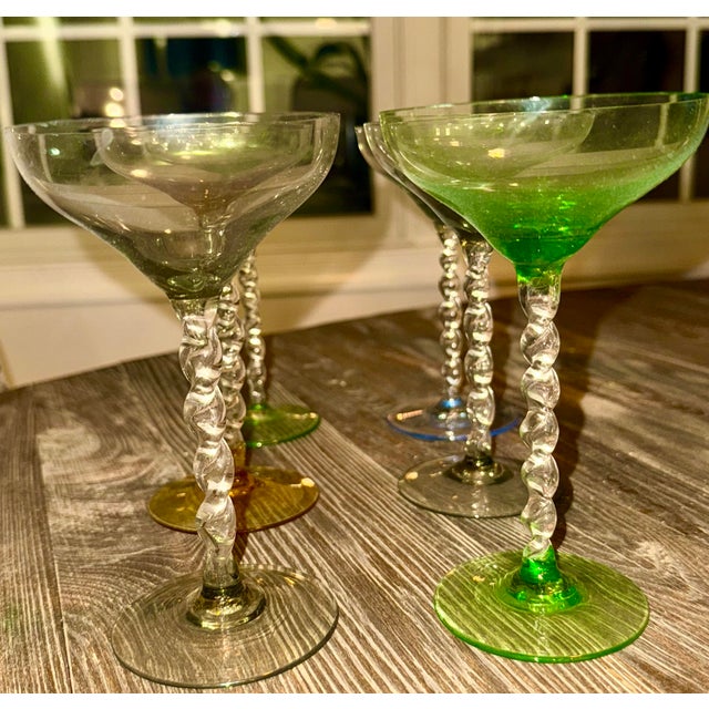 1950s Twisted Stem Multicolor Coupe Glasses- Set of 6 For Sale - Image 9 of 9