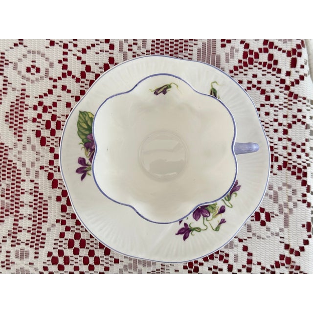 Vintage Shelley Violets Tea Cup and Saucer: Vintage English Bone China For Sale In Boston - Image 6 of 8