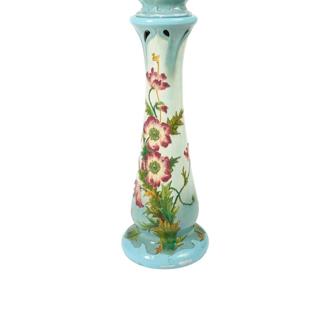 French Art Nouveau Floral-Decorated Majolica Jardiniere With Tall Pedestal For Sale - Image 10 of 13