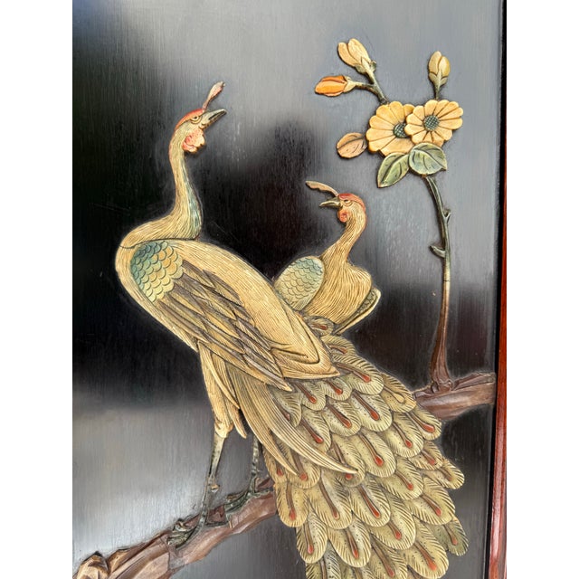 Chinoiserie Set of 4 Asian Chinoiserie Hand Carved Soapstone and Lacquer Wall Art Panels For Sale - Image 3 of 12