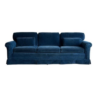 1970s Vintage Blue Corduroy Sofa With Rolled Arms For Sale