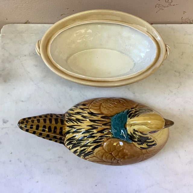 Farmhouse 1910s Majolica Pheasant Tureen Sarreguemines Circa 1910 For Sale - Image 3 of 5
