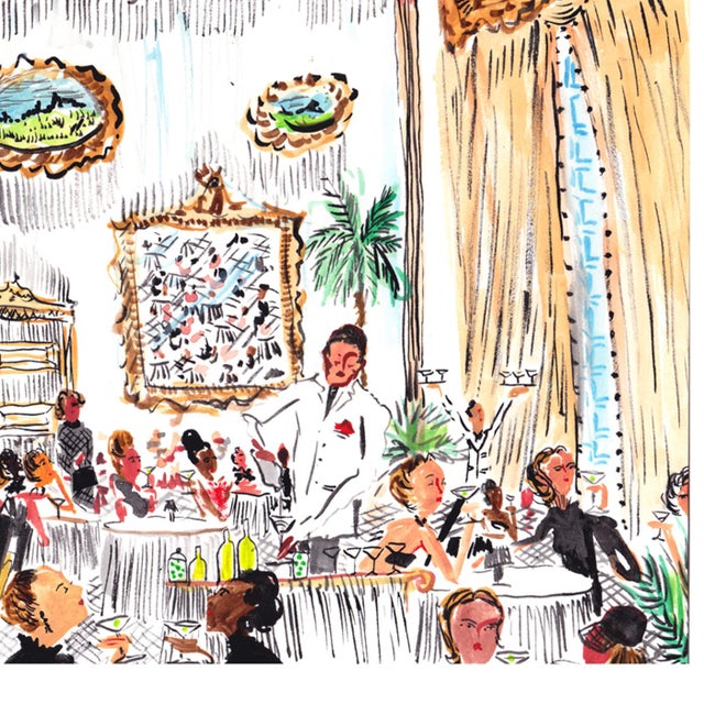 A bright scene in an ornately decorated room buzzing with diners and attentive waiters.