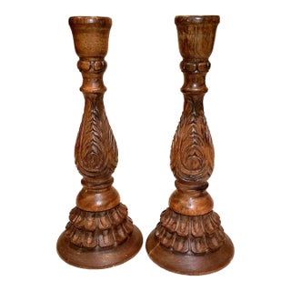 Vintage Traditional Style Carved Wood Candlestick Holders Pair For Sale