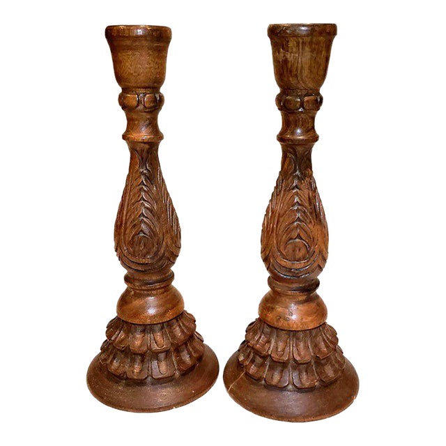 Vintage Traditional Style Carved Wood Candlestick Holders Pair For Sale