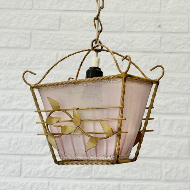 Mid-Century Modern Swedish Modern Pendant Lamp in Steel and Textile with Leaf Decor, 1940s For Sale - Image 3 of 8