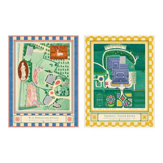 Atelier Aria Lumae the Grand Estate Cartography Set of 2 Shore Estate Faux Checkered Border Fine Art Hge Gallery Board Print 34" X 18" Wallspace For Sale