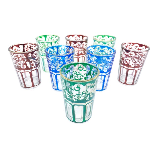 Vintage Colorful & Gold Gilt Moroccan Glassware Set - 8 Pieces For Sale